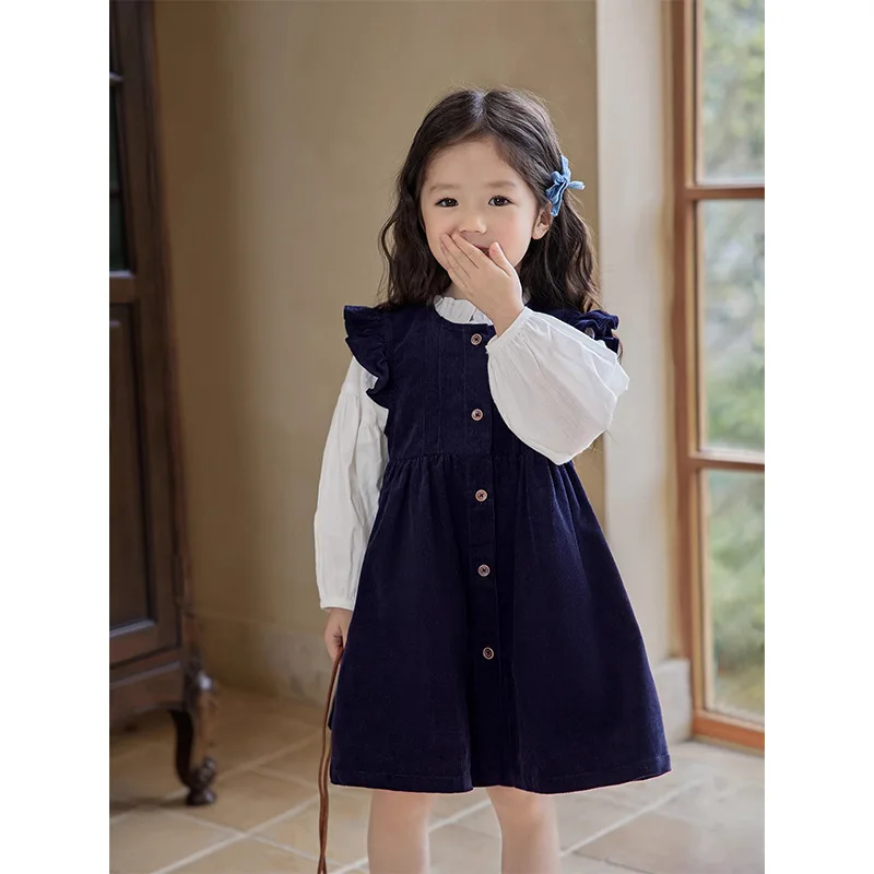 Trajes de principios de otoño para niñas, camisa blanca coreana, Top, chaleco, vestido, conjunto de dos piezas, trajes de moda de estilo Simple coreano, ropa 2024