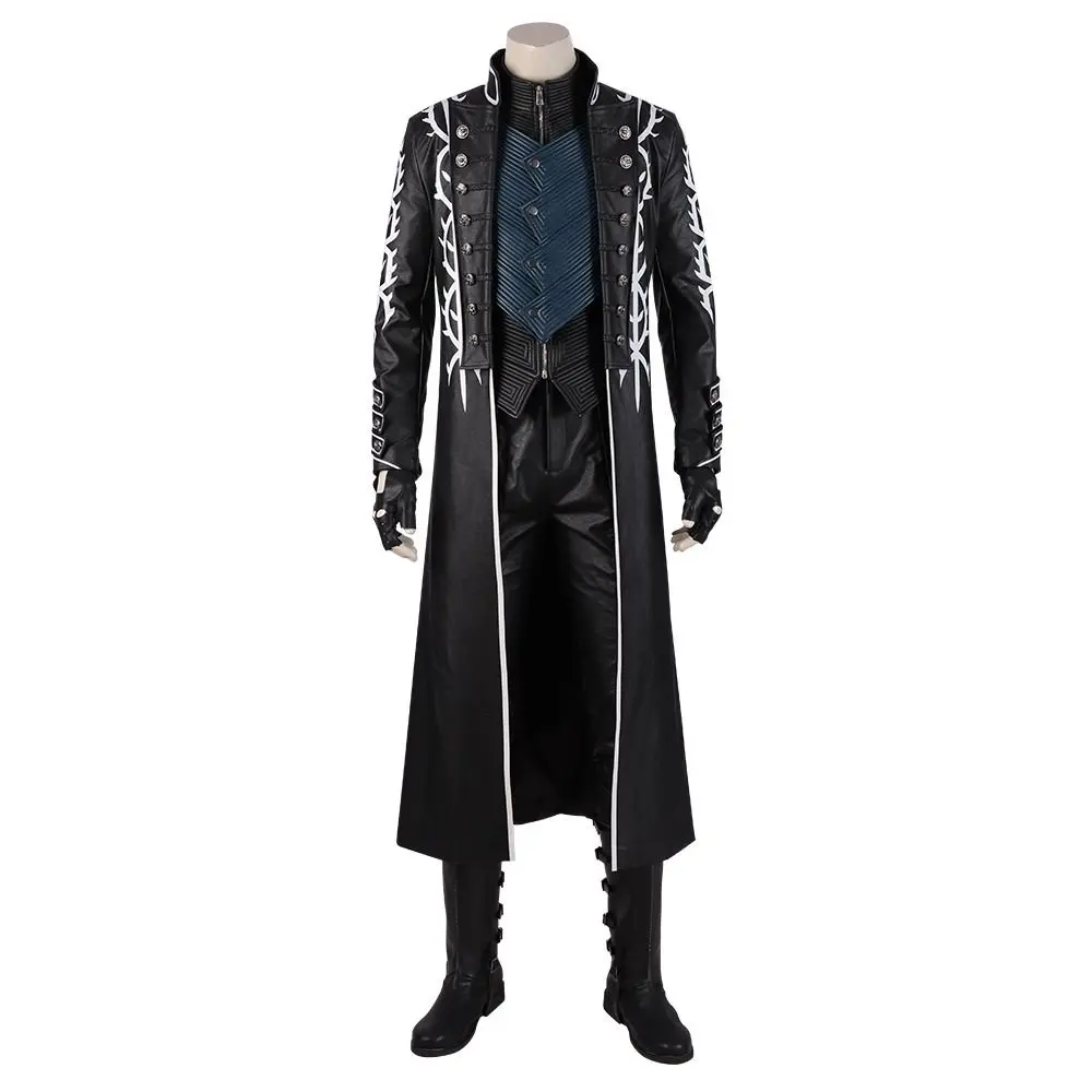 

Hot Game DMC5 Cosplay Vergil Costume Nelo Complete Outfit with Boots Halloween Carnival Men Suit Jacket Vest Custom Made
