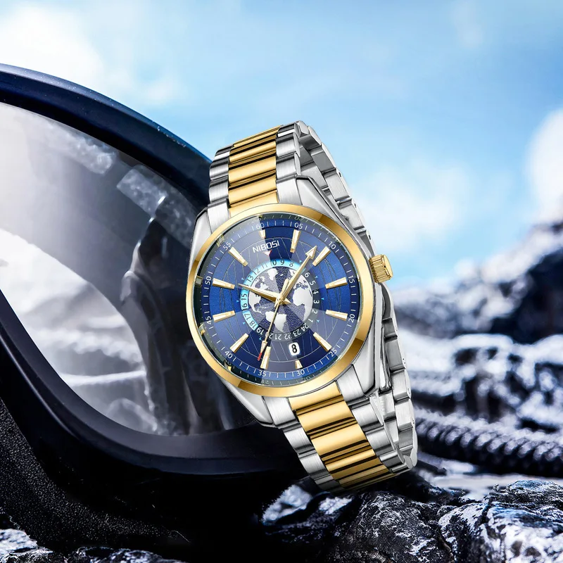 ZHANGU 2700 New Design Watch Earth Pattern Luminous Stainless Steel Quartz Watch for Men