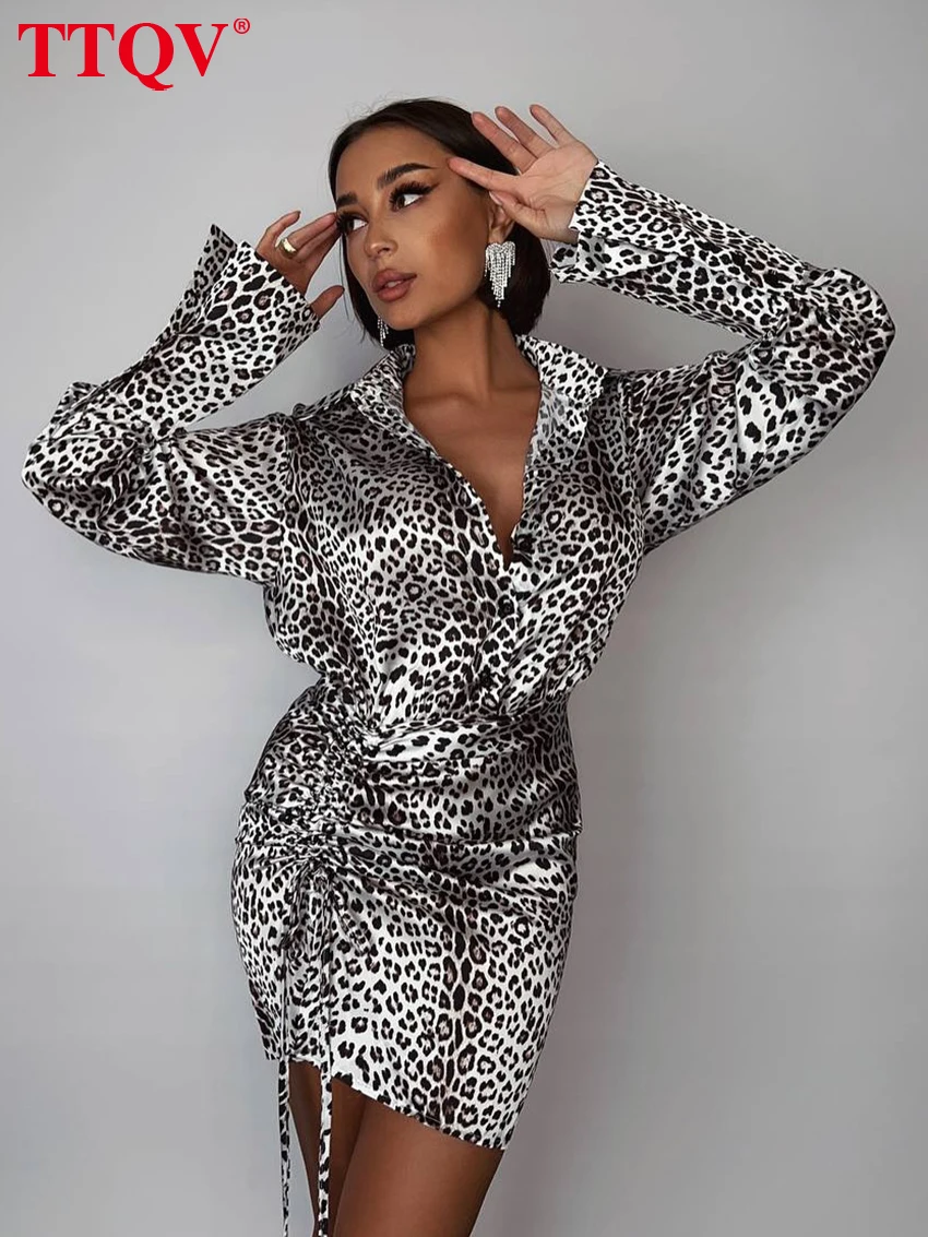 

TTQV Fashion Loose Leopard Print Women's Dress 2026 Vintage Lapel Long Sleeve Mini Dresses Elegant Classic Lace-Up Female Dress