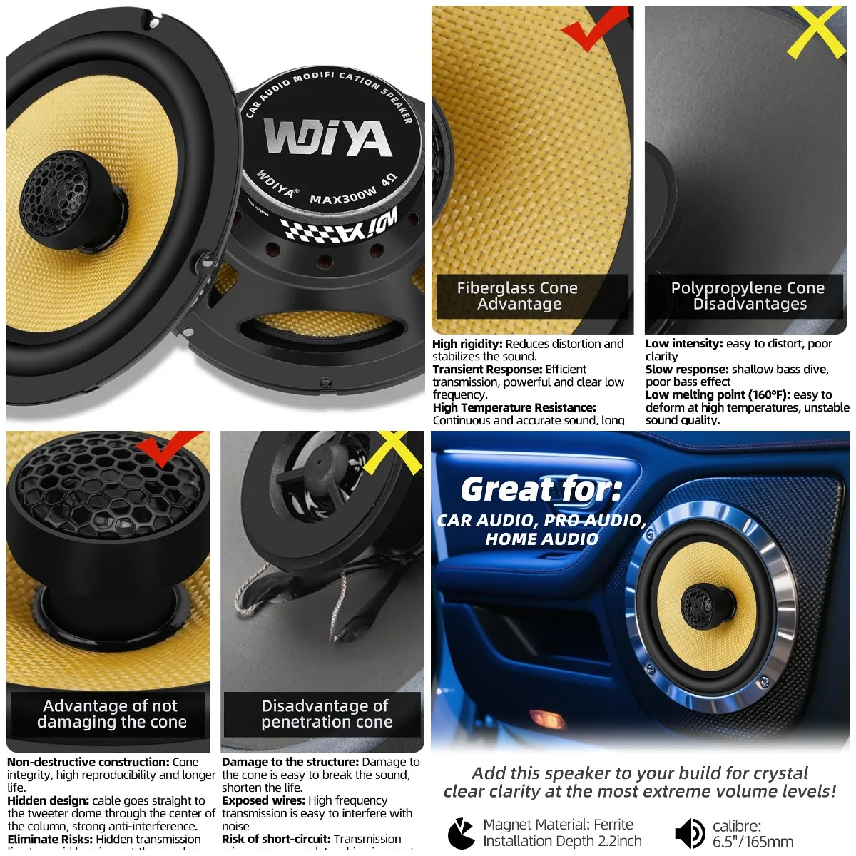 

6.5 Inch Coaxial Car Speakers, 2-Way Glass Fiber Cone, 300W 4 Ohm, Yellow (2 Speakers)
