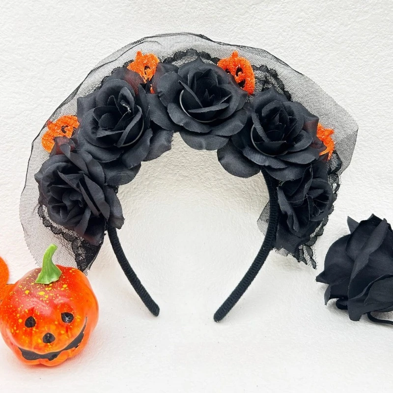 

New Halloween Pumpkin Elements Black Roses Black Mesh Three-dimensional Advanced Hair Bands Hair Accessories