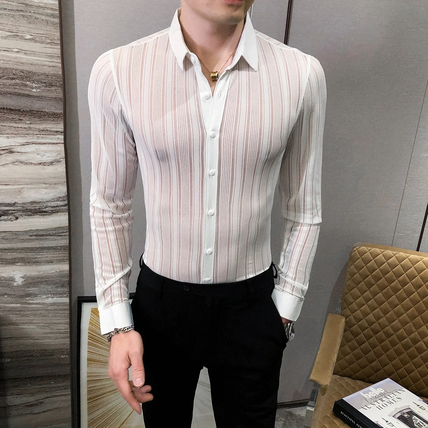 Shirt Fashion See Through Long Sleeve Night Club Blouse Men Top Designer Sexy Striped Shirt Men Korean Casual Men Social Shirts