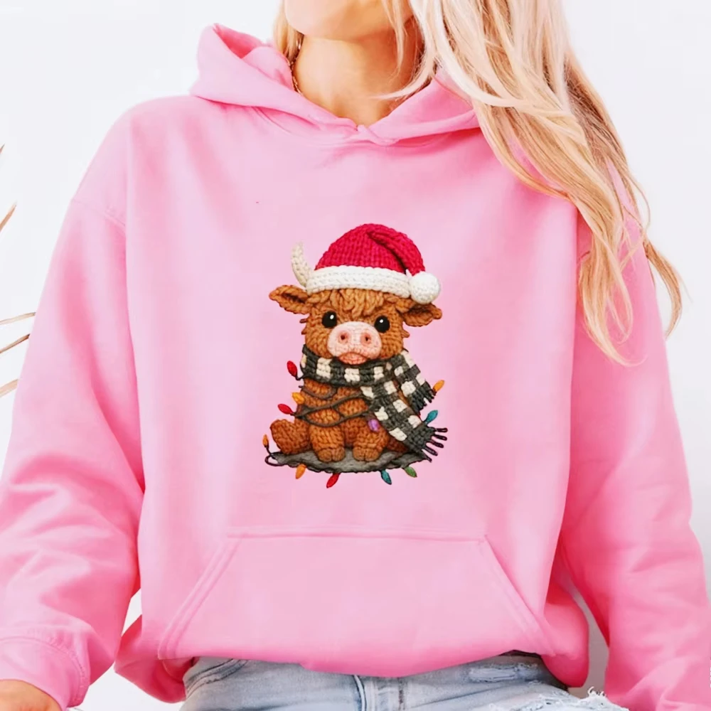 Herbst-Winter-Unisex-Kapuzenpullover mit Weihnachtsmotiv, süßer Highland-Kuh-Weihnachtsfest-Print, Pullover-Hoodie, festliche Langarm-Oberteile – Detail 15