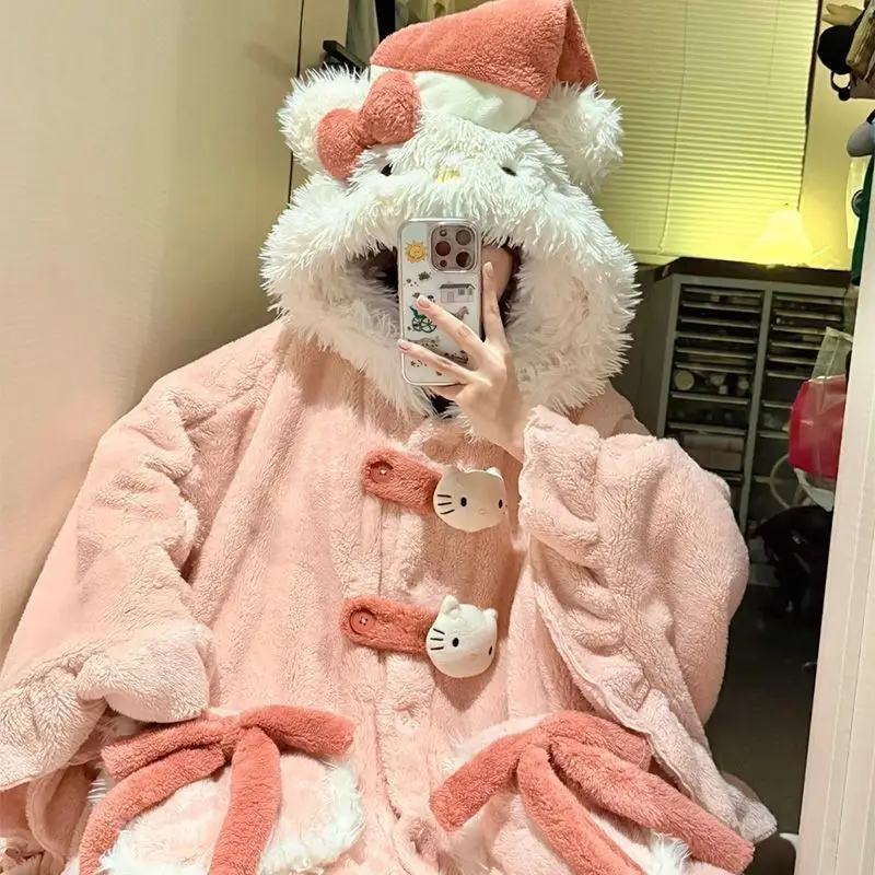 

HelloKitty плюшевый женский плащ с капюшоном и длинными рукавами из плотного бархата для тепла, плащ с рукавами «летучая мышь», халат для сна, домашняя одежда, верхняя одежда