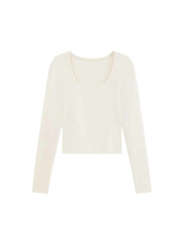 Elegant Slim Square Neck Long Sleeve T-Shirt Casual Autumn Spring Undershirt with Fitted Design Clavicle Revealing Style Women