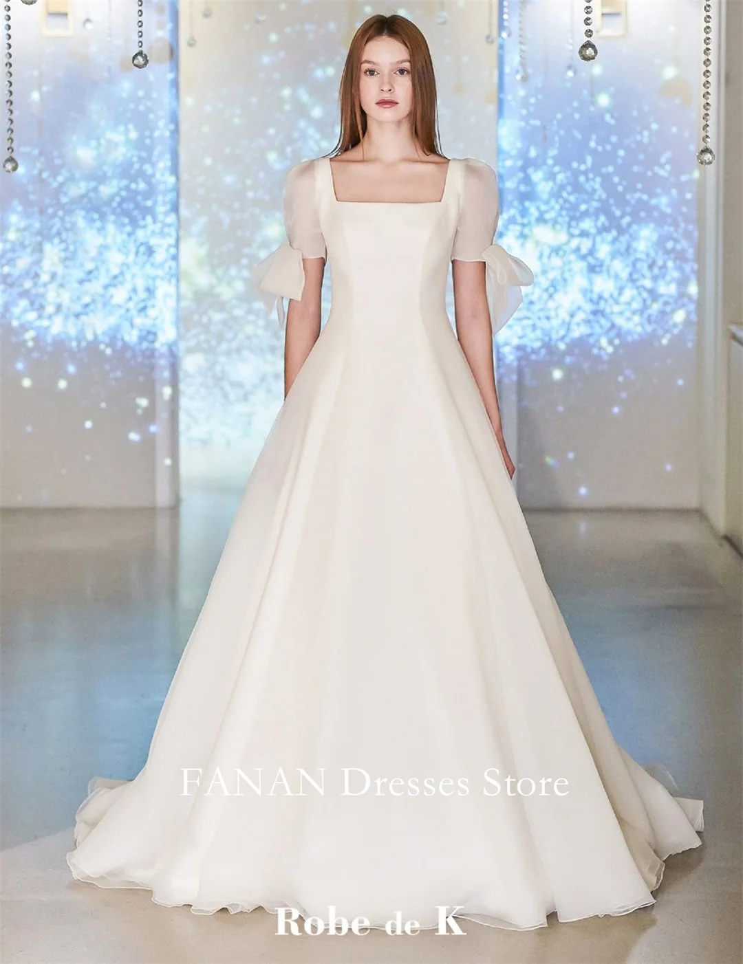 

FANAN Square Neck Korea Ivory A-Line Corset Wedding Dresses 웨딩드레스 Short Sleeves Elegant Customized Pretty Bride Gowns Plus Size