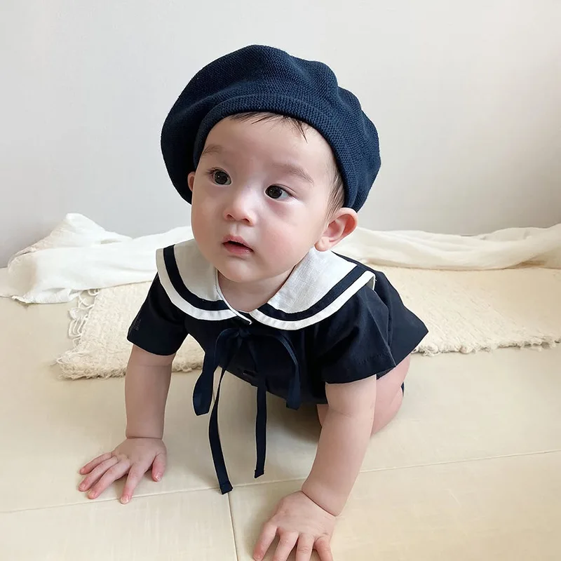 2026 Summer New Baby Short Sleeve Bodysuit Cotton Infant Girl Preppy Style Sailor Collar Jumpsuit Solid Newborn Clothes 0-24M