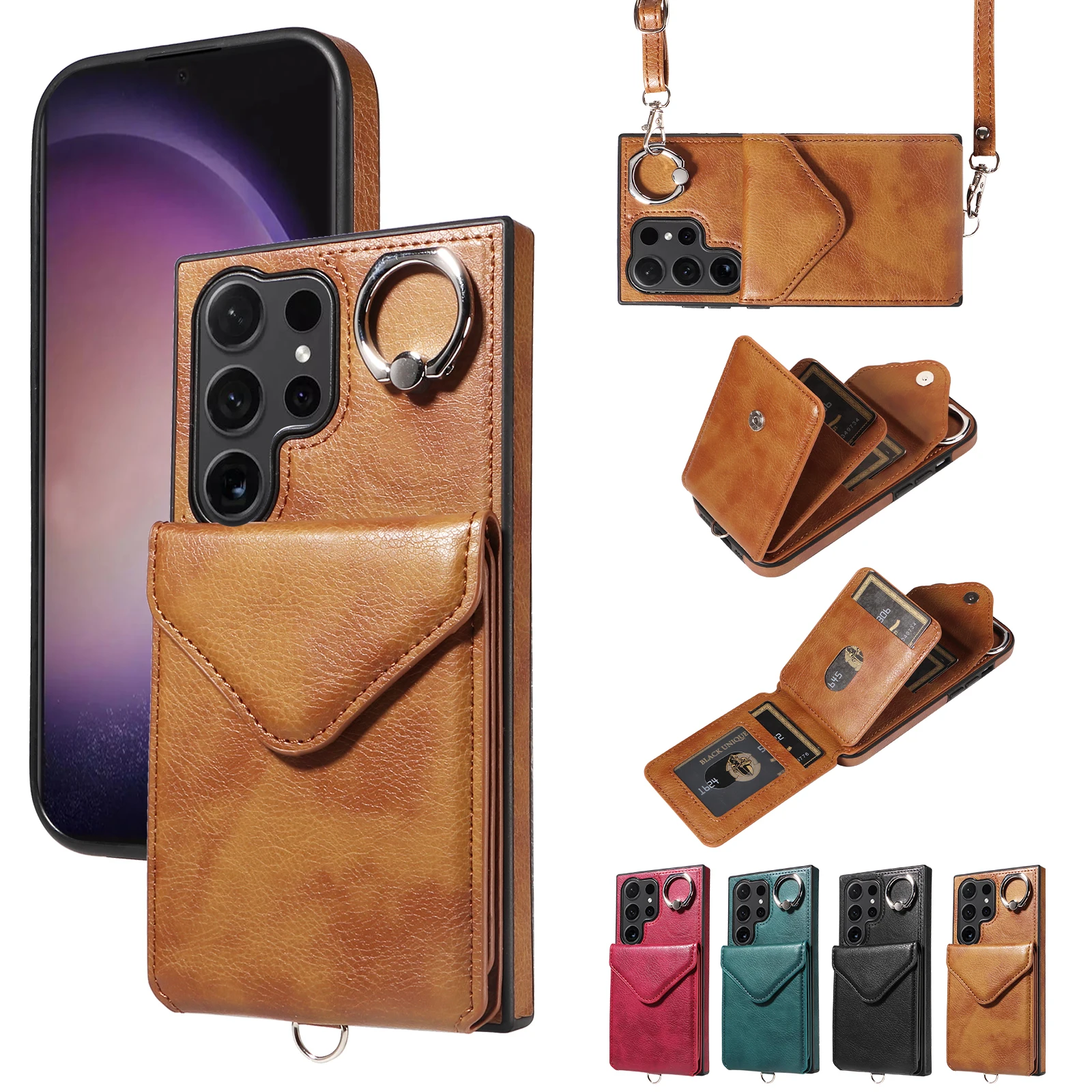 

Leather Phone Case Samsung Phone Case S21 FE S22/Ultra S23/FE/Ultra S24/Ultra S25/Ultra Rotating Bracket+Hanging Rope