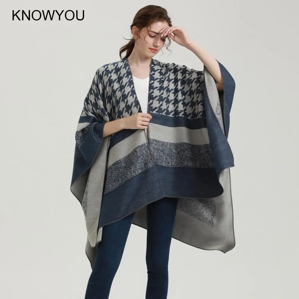 fashion lady Ponchos Retro Houndstooth Fashion Shawls and Wrap Thick Blanket Capes Female Bufanda Mujer Reversible Shawl Pallium