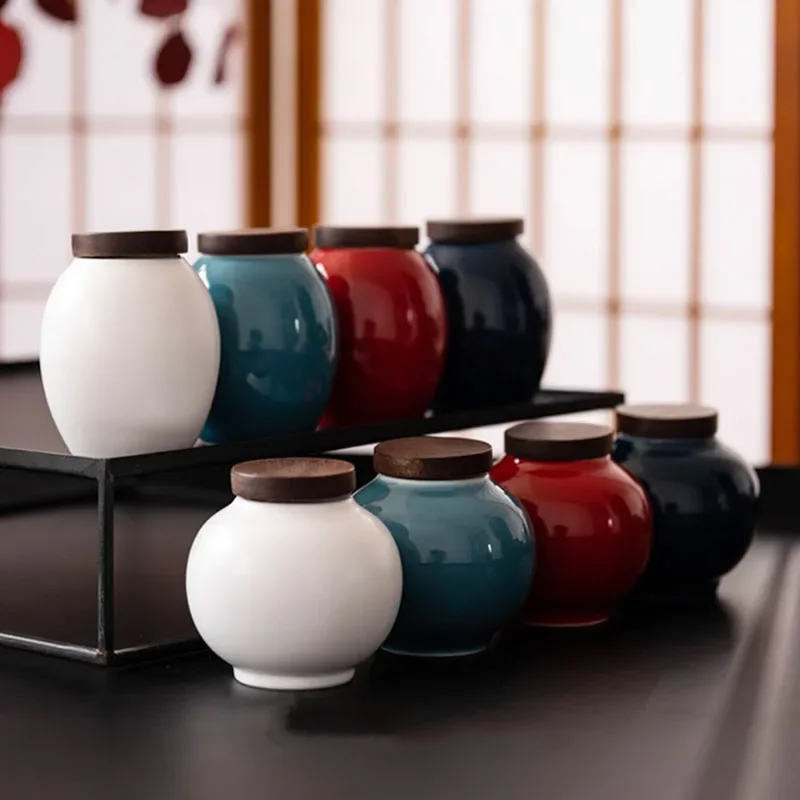 

Exquisite Ceramic Storage Jar Tea Can Ebony Lid Desk Ornament