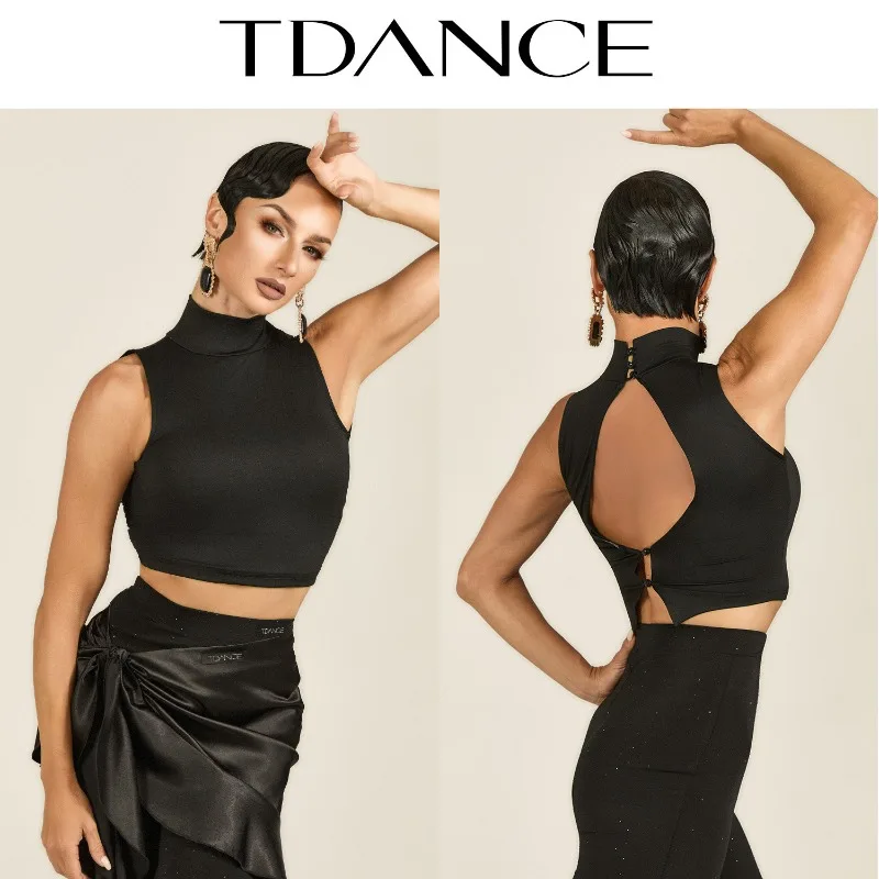 

Customized TDANCE Latin Practice Suit [High Neck Back Buckle Tank Top] Hollow Short with Chest Cushion Adult GL-222