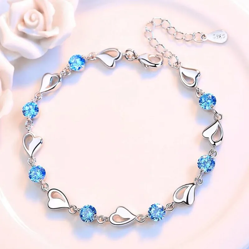 New 925 Sterling Silver New Jewelry Bracelet High Quality Retro Simple Color Heart Shaped Cubic Zirconia Length 17CM+4CM