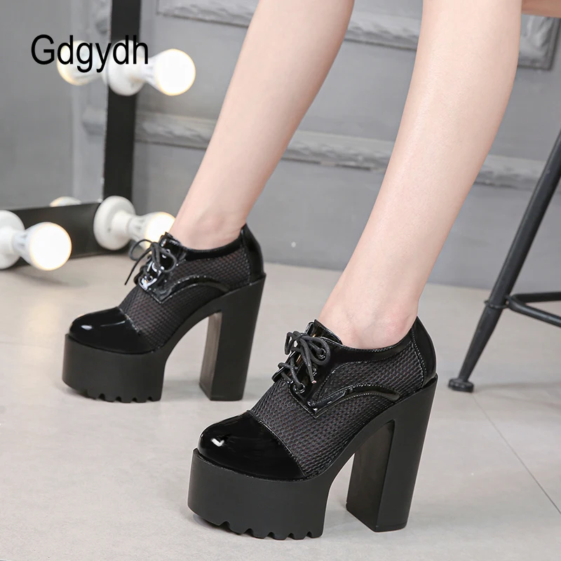 Gdgydh Spring Summer High Heeled Platform Pumps Air Mesh Breathable Ladies Party Shoes Lace Up Closed Toe Black White