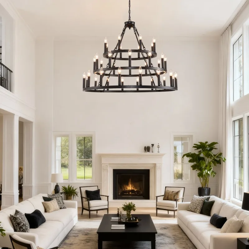 

Wagon Wheel Chandelier Black Metal Christmas Gift Industrial High Ceiling Living Dining Foyer Lamp
