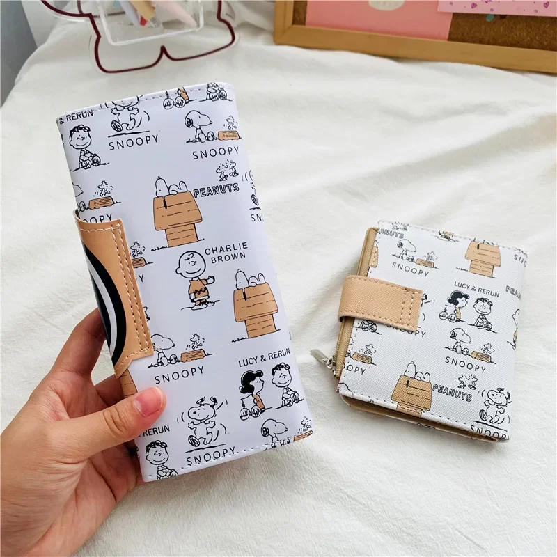 Snoopy Wallet Anime Cute PU Loose Change Bank Card Storage Bag Short Zipper Coin Handbag Long Style Two Fold Purse Students Girl