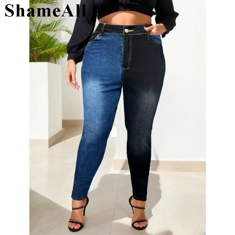 Plus Size Street Color Block Stretchy Skinny Jeans 5XL Autumn Spring Patchwork Pencil Jeans