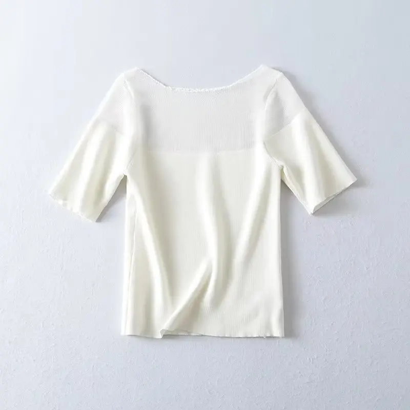 Withered 2024 Summer Tshirts Women Basic Solid Color Knitted Stitching Fashion White T-Shirt Top Ladie