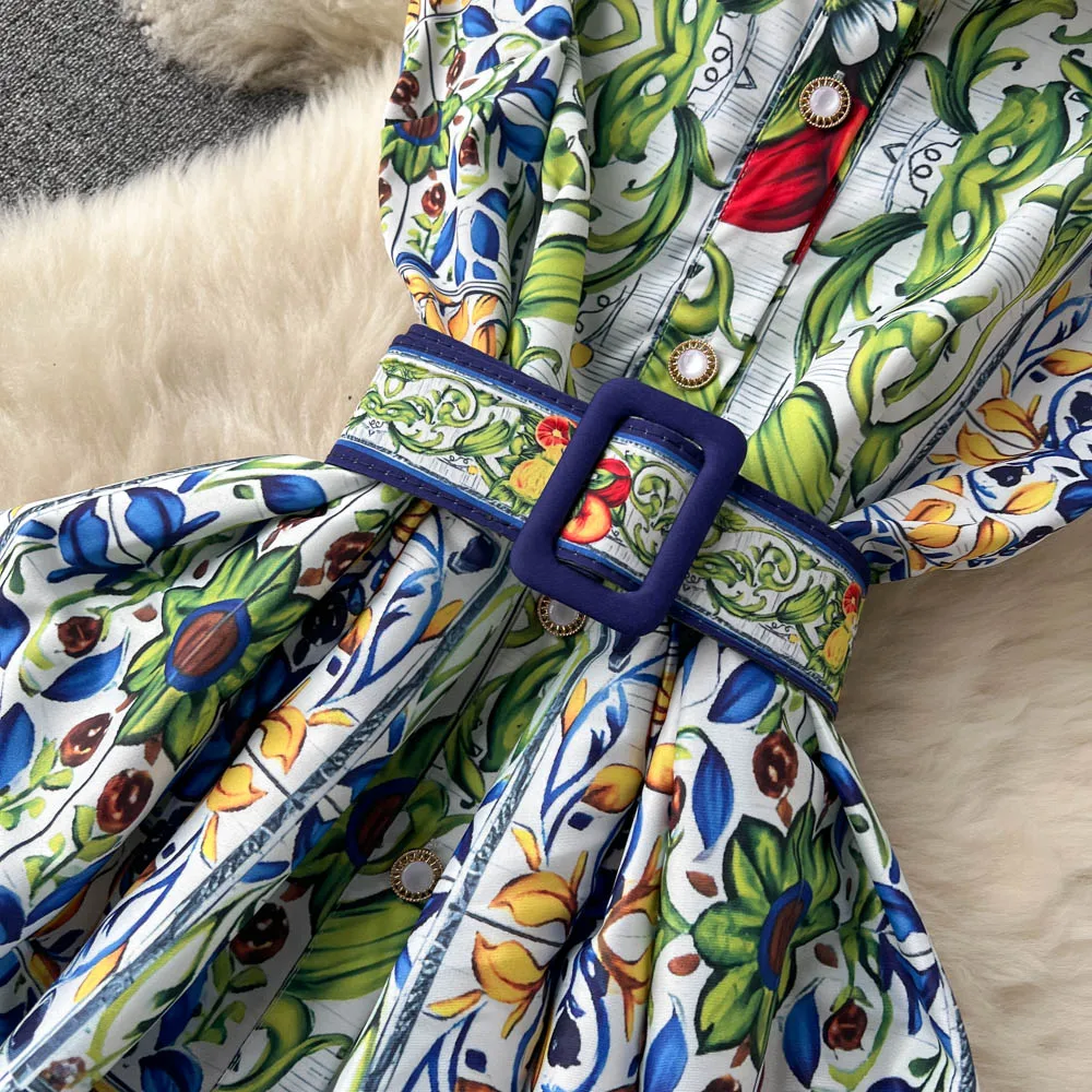 2023 verão pista camisa vestido feminino gola de entalhe sem mangas azul e branco porcelana impressão rendas até cinto plissado midi vestido