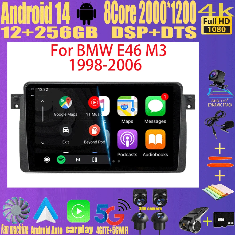 

Android 14 Car Radio For BMW E46 M3 1998-2006 Multimedia Video Player 2Din 4G WIFI GPS Navigation Carplay Head unit 360 Camera