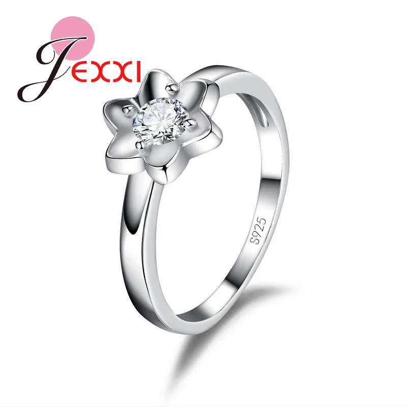 

Sweet Romantic Small Flower Shape Crystal Ring Beautiful Female Engagement Wedding Ceremony Jewelry 925 Sterling Silver