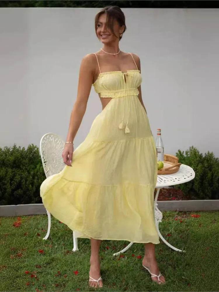 Zomer elegante spaghetti maxi-jurken dames uitgesneden rugloze ruches a-lijn jurk bohemien feestvakantie casual zonnejurk
