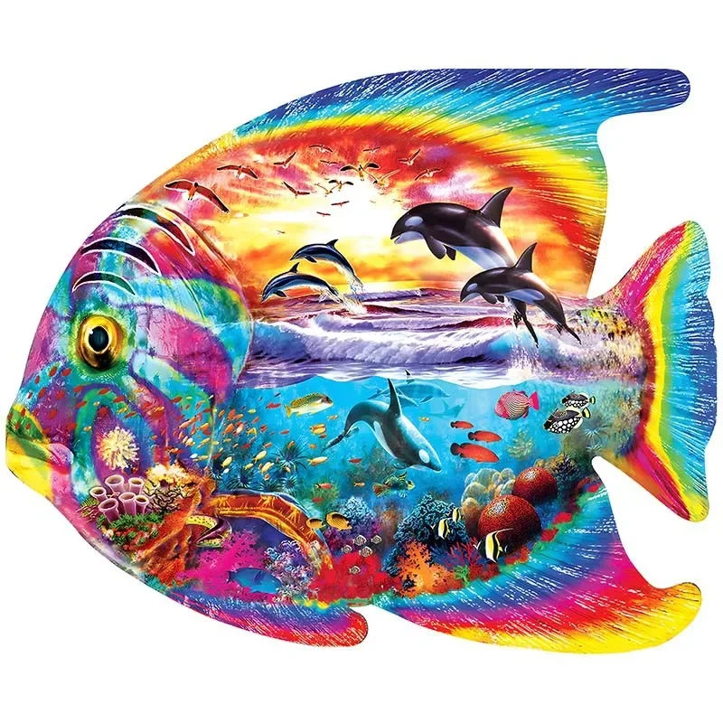 Difficult Unique Shape Animal Wooden Puzzle Rainbow Fish Puzzle Family Games Home Decoration Educational Toy for Kids Gift