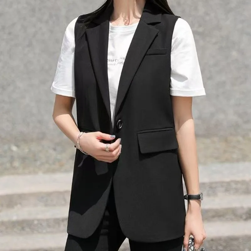 Women's Short Black Coat College Suit Vest Outerwear Design Spring Autumn New Trendy Street Style Suit Sleeveless Jackets