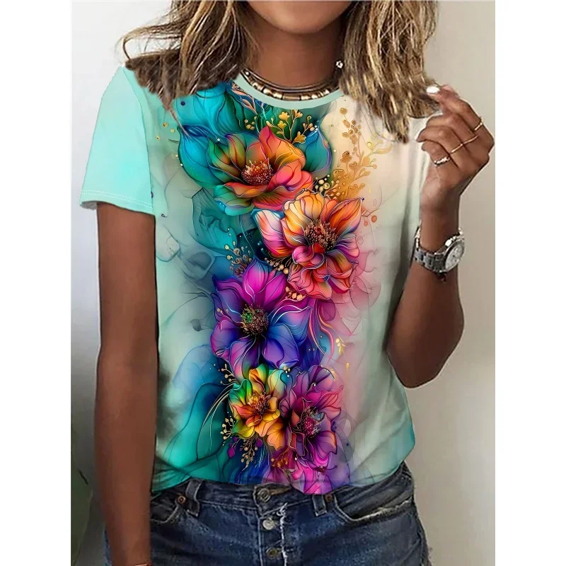Plus size 3d impresso flor plantas t camisa para mulher borboleta gráfico manga curta rua o-pescoço camisetas topos camisetas soltas
