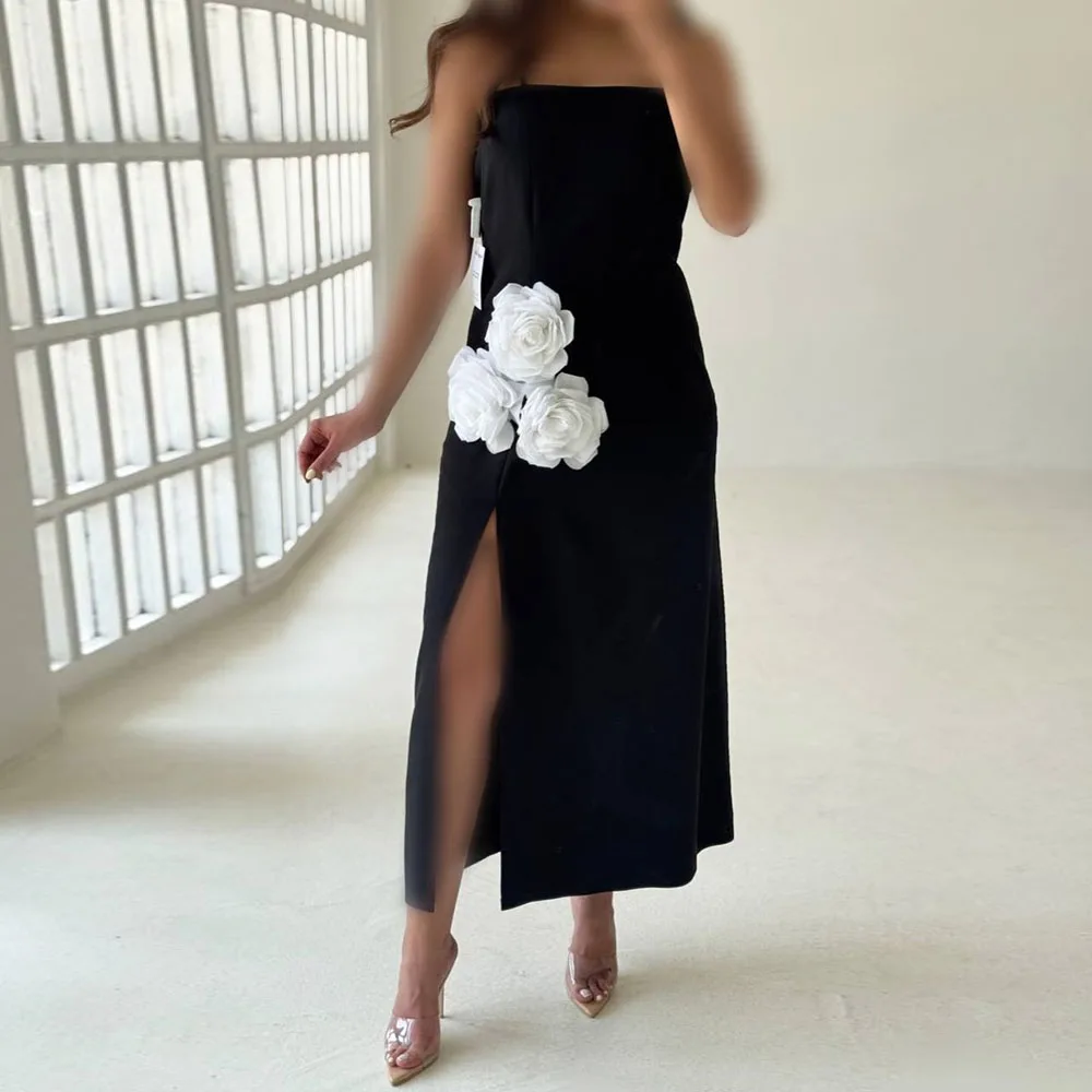 

Customized A-Line Evening Gown Tea-Length Spaghetti Strap Sleeveless Prom Gown Fashion Flowers Side Split Backless Party Gown