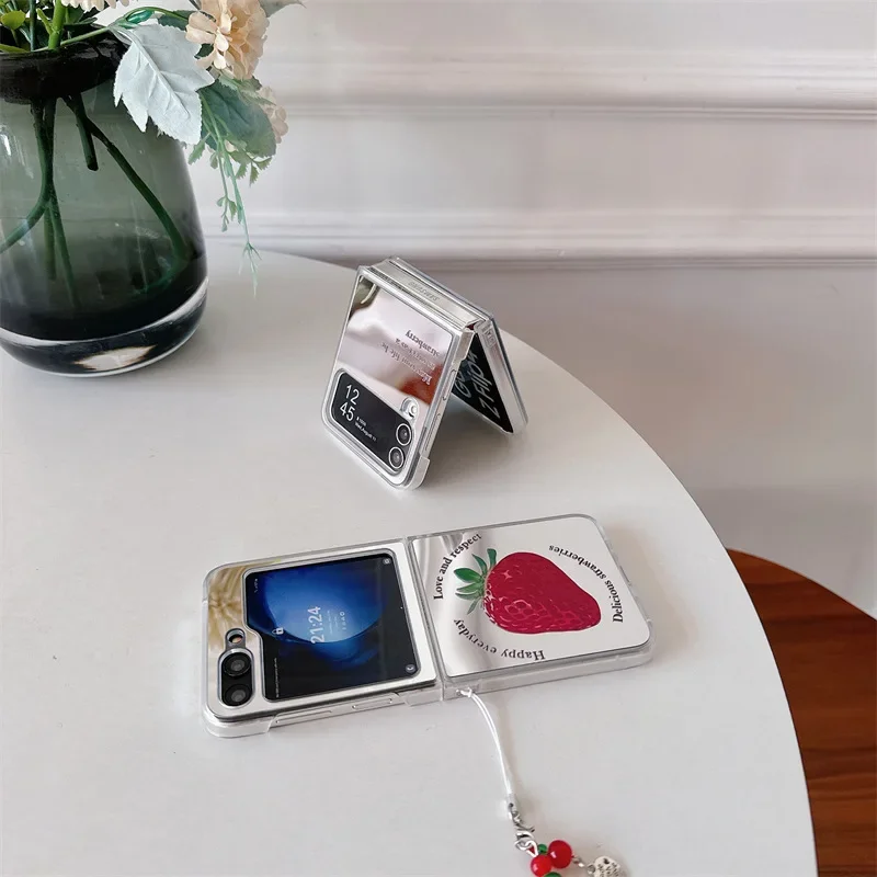 Зеркальный чехол с клубничным покрытием для телефона Samsung Galaxy Z Flip 6 5 4 3, защитный чехол-накладка для ZFlip4 ZFlip5 ZFlip6, чехол