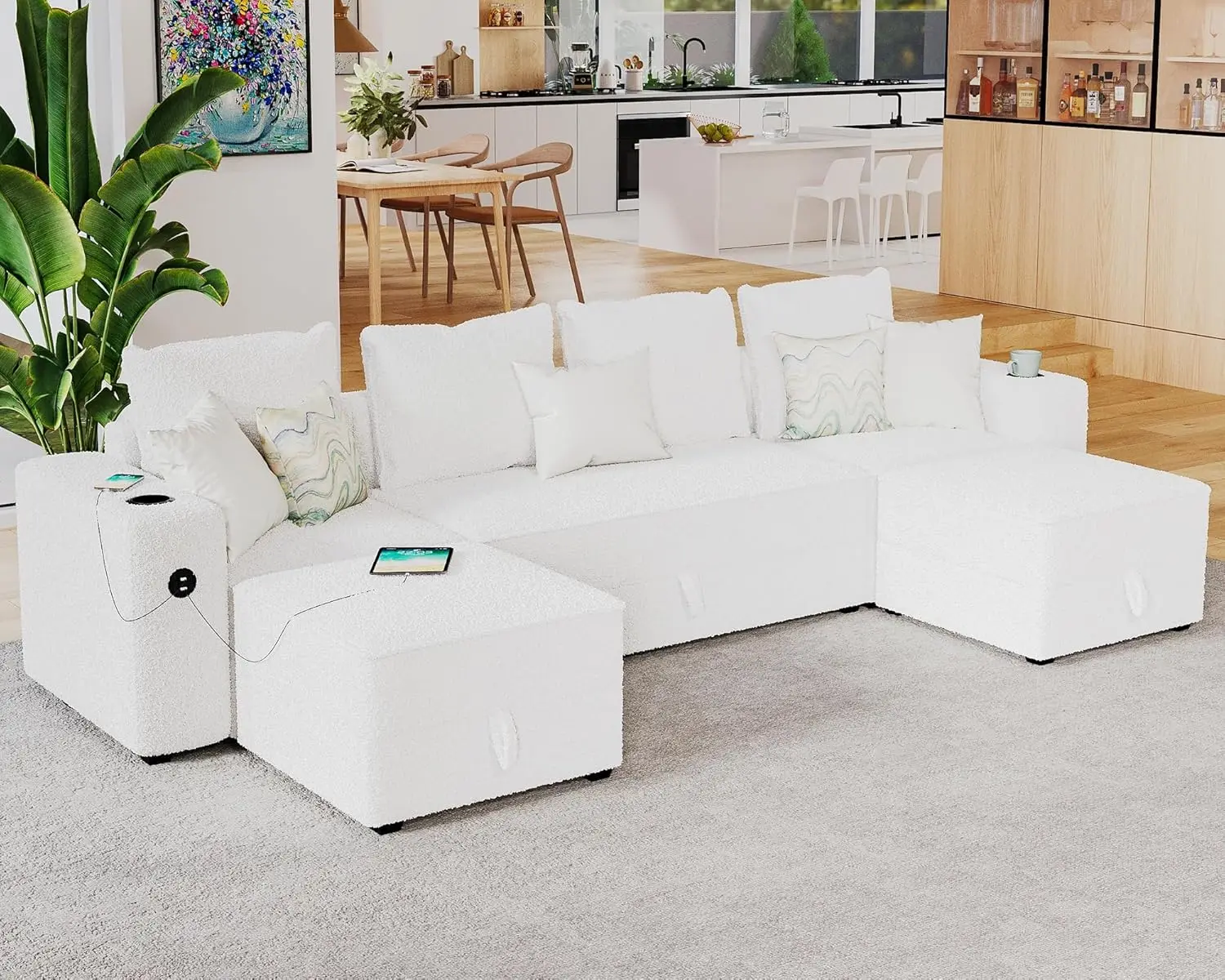 Sectional Sofa, Modular Sectional Sofa with 2 USB Ports & Cup Holders, 5 Seats  Couch with Storage, Ottomans