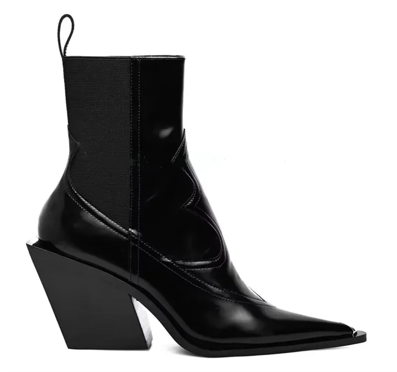 New Wedges Leather Pointed Toe Ankle Boots Women Chelsea Shoes Lady Autumn Thick-Heeled Elastic Strap Nude Boots Vintage Luxury