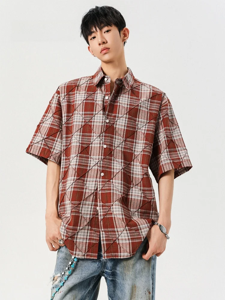 MMOPTOP American Plaid Short Sleeve Loose Men's Shirt Summer Design Versatile Half Sleeve Shirt Jacket Top for Youth