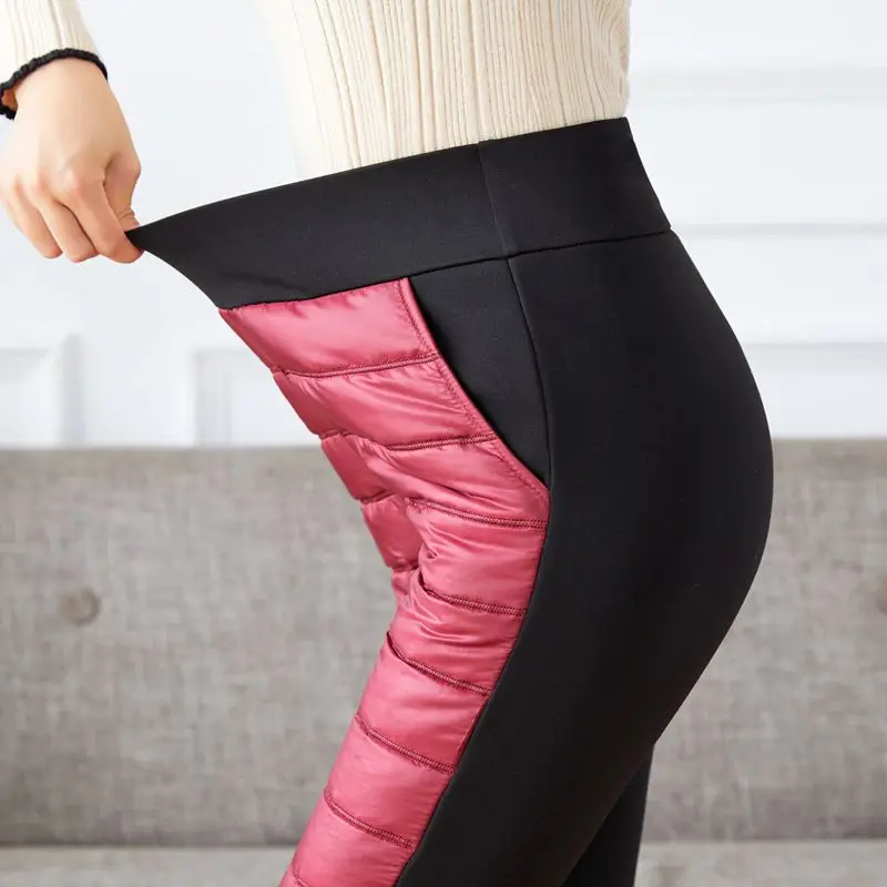 سراويل مبطنة مع جيوب عالية الخصر سراويل نسائية مستقيمة الساق بلون مرقع سميكة لفصل الشتاء TT298 #5