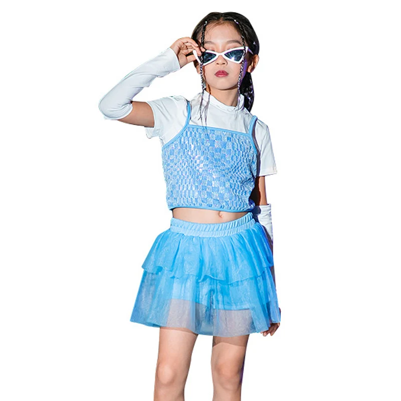 Fato de torcida infantil, roupa de palco para meninas, dança jazz, roupas kpop amarelo e azul, roupas para shows DL10871, moda