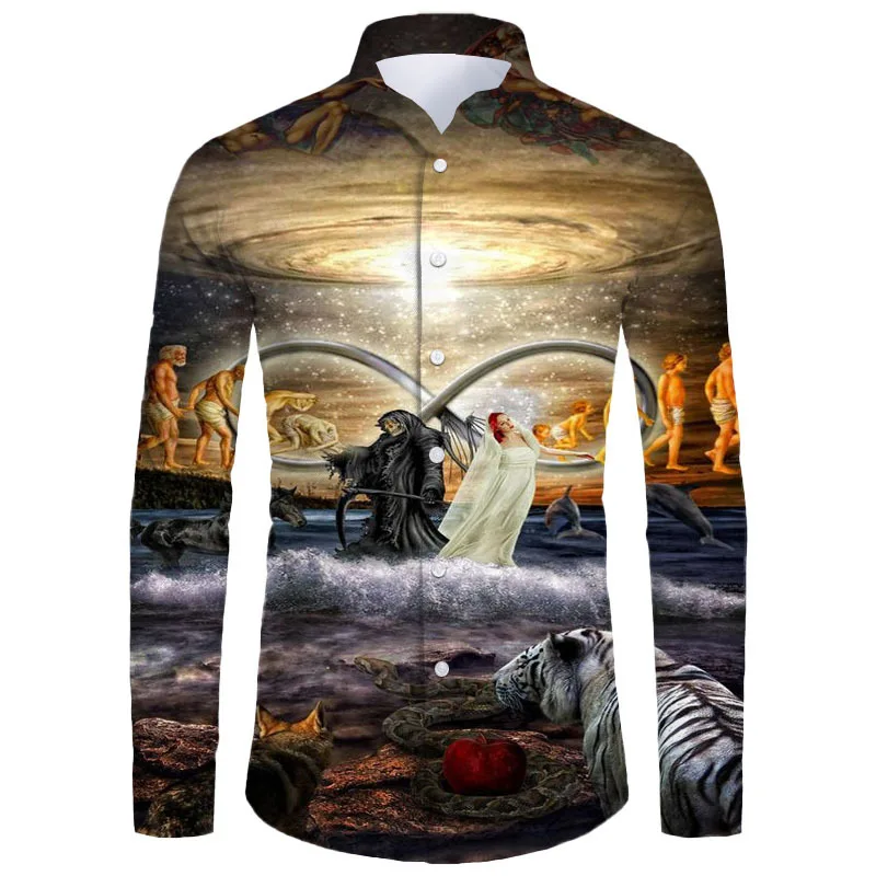 Men Fashion Long Sleeve Button‑Up Shirt Classic Mural Artwork Print Holiday Daily Gathering Casual Top
