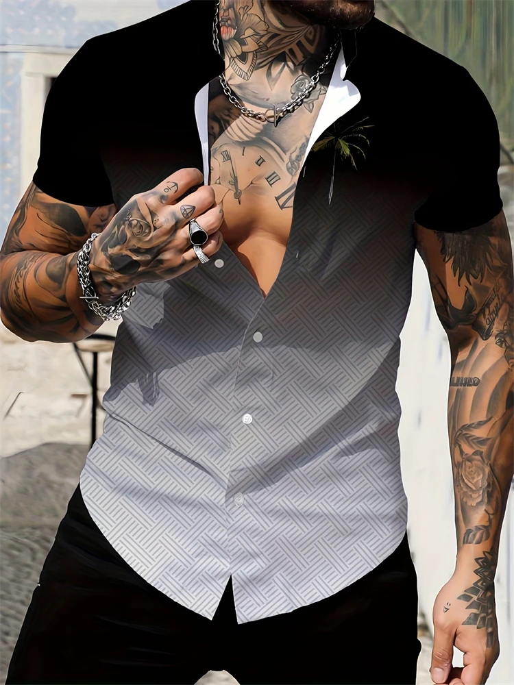 

Новая мужская летняя повседневная рубашка с градиентом, пуговицами на лацканах и геометрическим узором, гавайская одежда для пляжного отдыха с короткими рукавами