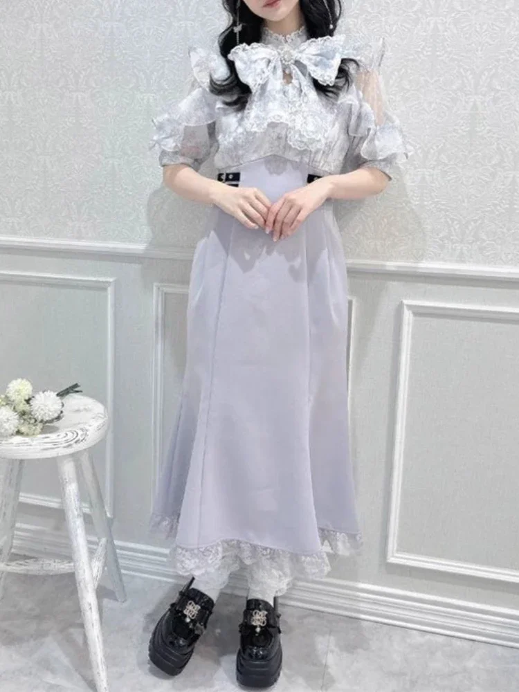 Japanese Sweet Ruffles Mesh Cloak Splicing Dress Half Sleeve Double-layer Lace Bow Sweet Robe 2025 New Spring Elegant Vestidos