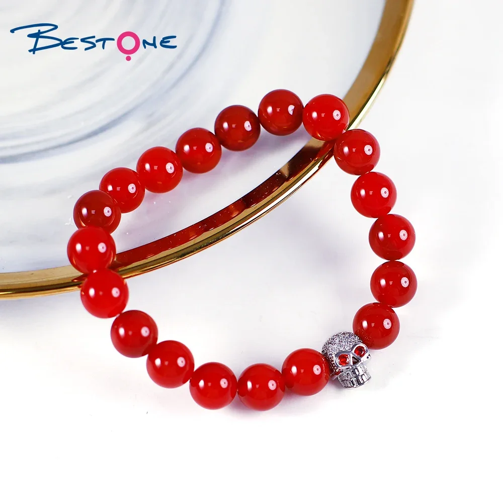 Bestone 10MM Red Agate Round Beads With Real Gold Plated Skull Charm Bracelets Gift for Men