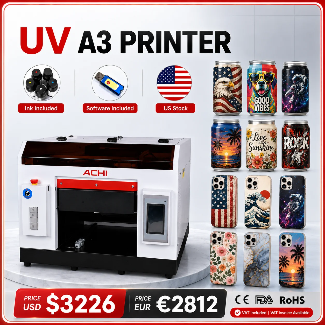 ACHI A3 UV Printer. Print Area: 267*420mm. Printhead: EPSON 139O. Print Thickness: 0-140mm. Suitable for Wood, Glass and Fabrics. In stock in Multiple International Warehouses
