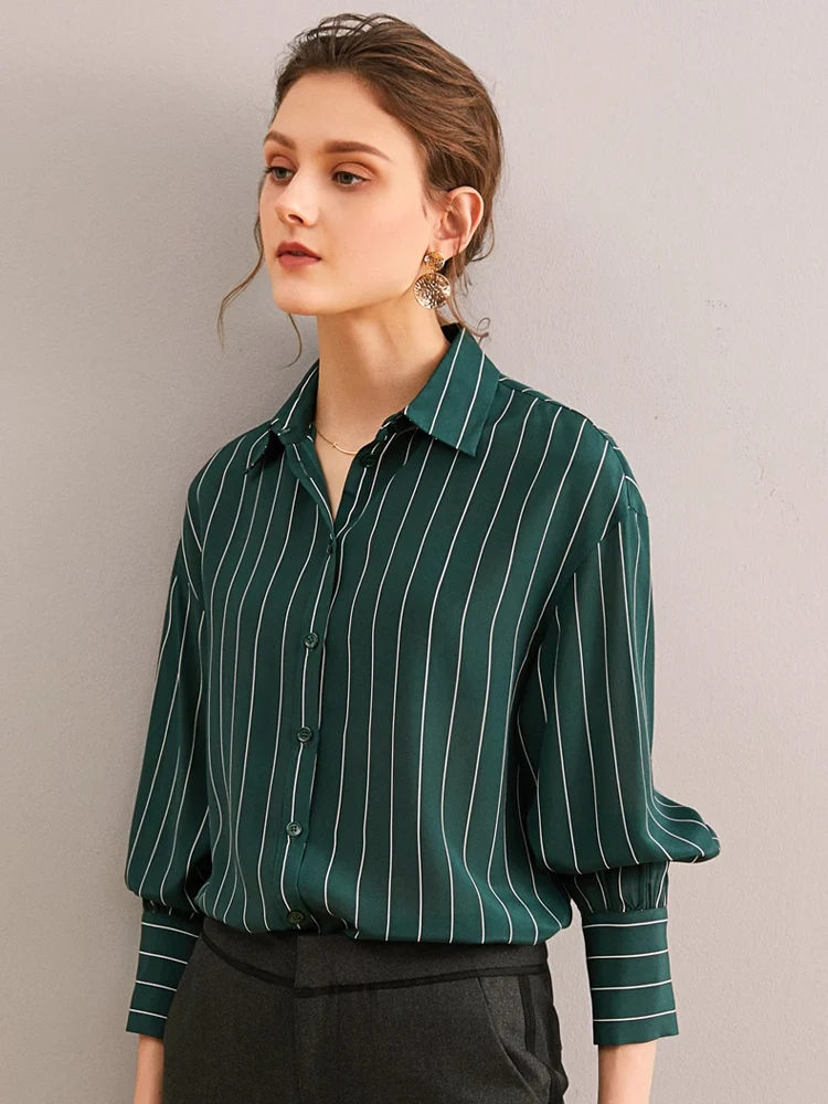 SuyaDream, Women Stripes Shirts, 100%Real Silk, Turn Down Collar, Green Chic Blouses, 2024 Spring Summer Office Lady Top