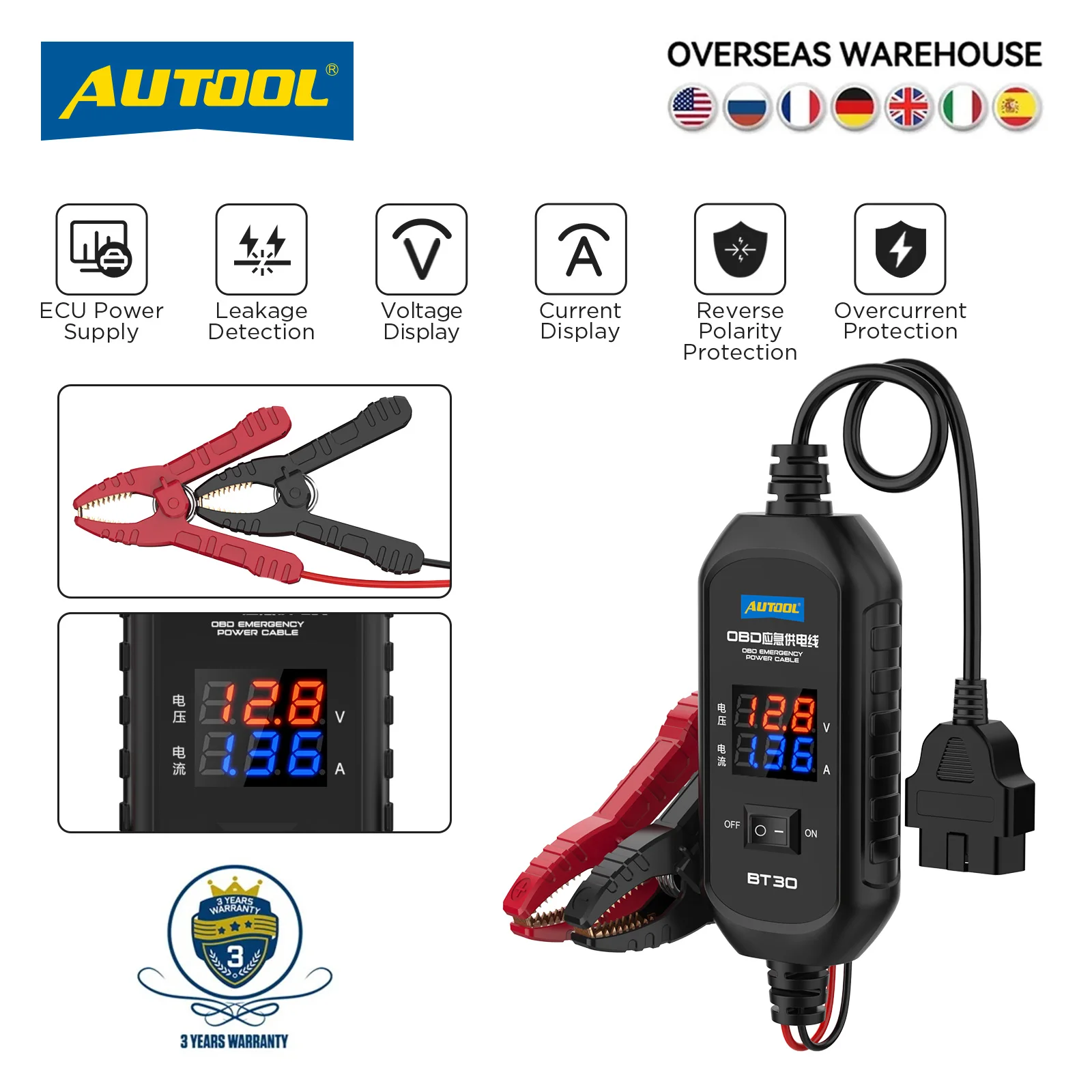 AUTOOL BT30 Digital display Battery OBD2 Connectors Emergency Power Off Protector ECU Memory Cable OBD 2 Car Electricity Cables