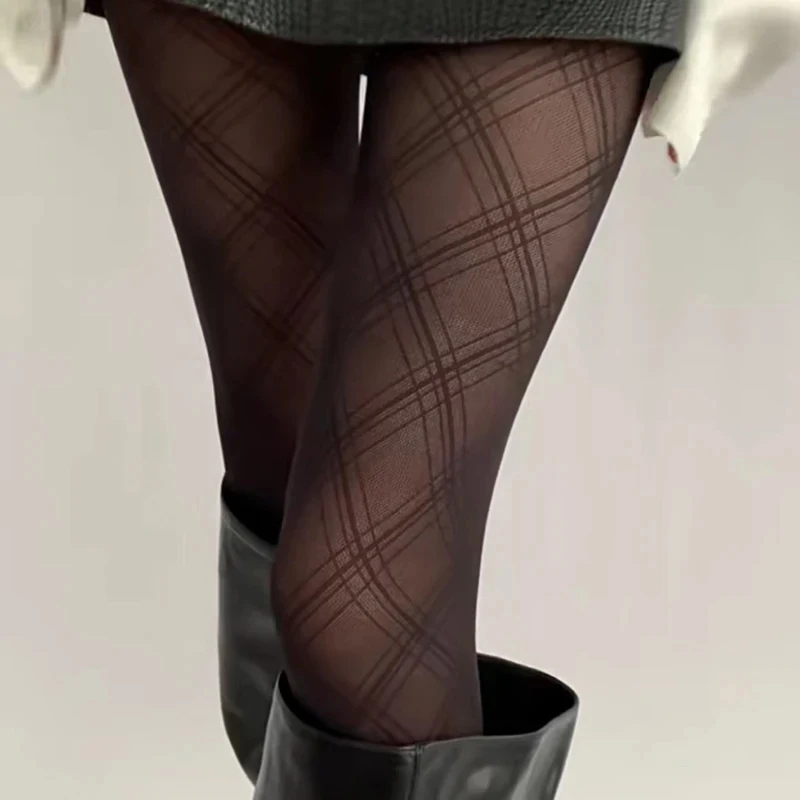 Schwarze Netzstrumpfhose für Damen, Fischernetz-Design, Seidenstrumpfhose, Sexy Party- und Urlaubsstrümpfe mit Dunklem Karomuster