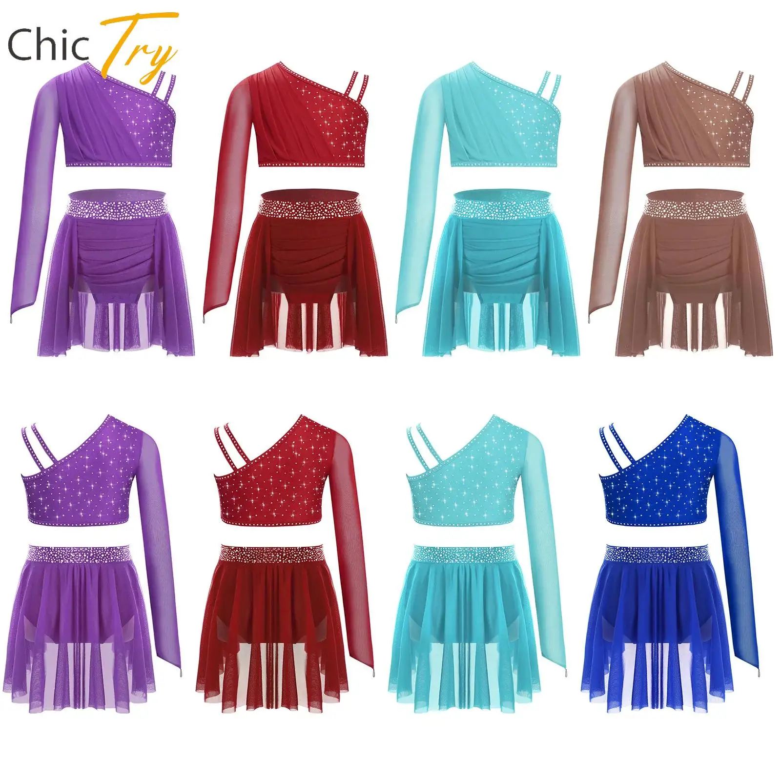 

Kids Girls Lyrical Dance Outfit Two Piece Glittery Rhinestones Dancewear Set Long Sleeve Crop Top with Skirt Child Party Costume