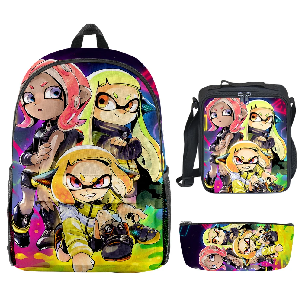 Luxury Novelty Cool Splatoon 3 3D พิมพ์ 3 ชิ้น/เซ็ตนักเรียนโรงเรียนกระเป๋าแล็ปท็อป Daypack กระเป๋าเป้สะพายหลัง Crossbody ถุงอาหารกลางวันดินสอกรณี