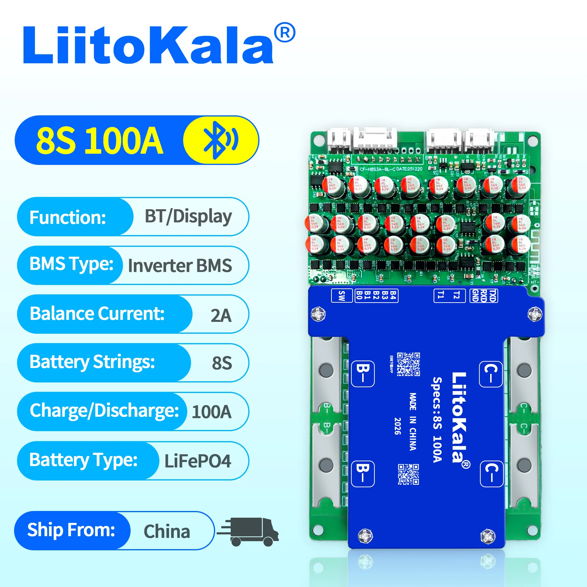 LiitoKala Car Start Smart BMS 4S 12V 8S 24V LiFePO4 Li-ion Battery with BT UART Heating100A 200A Battery Management SystemS
