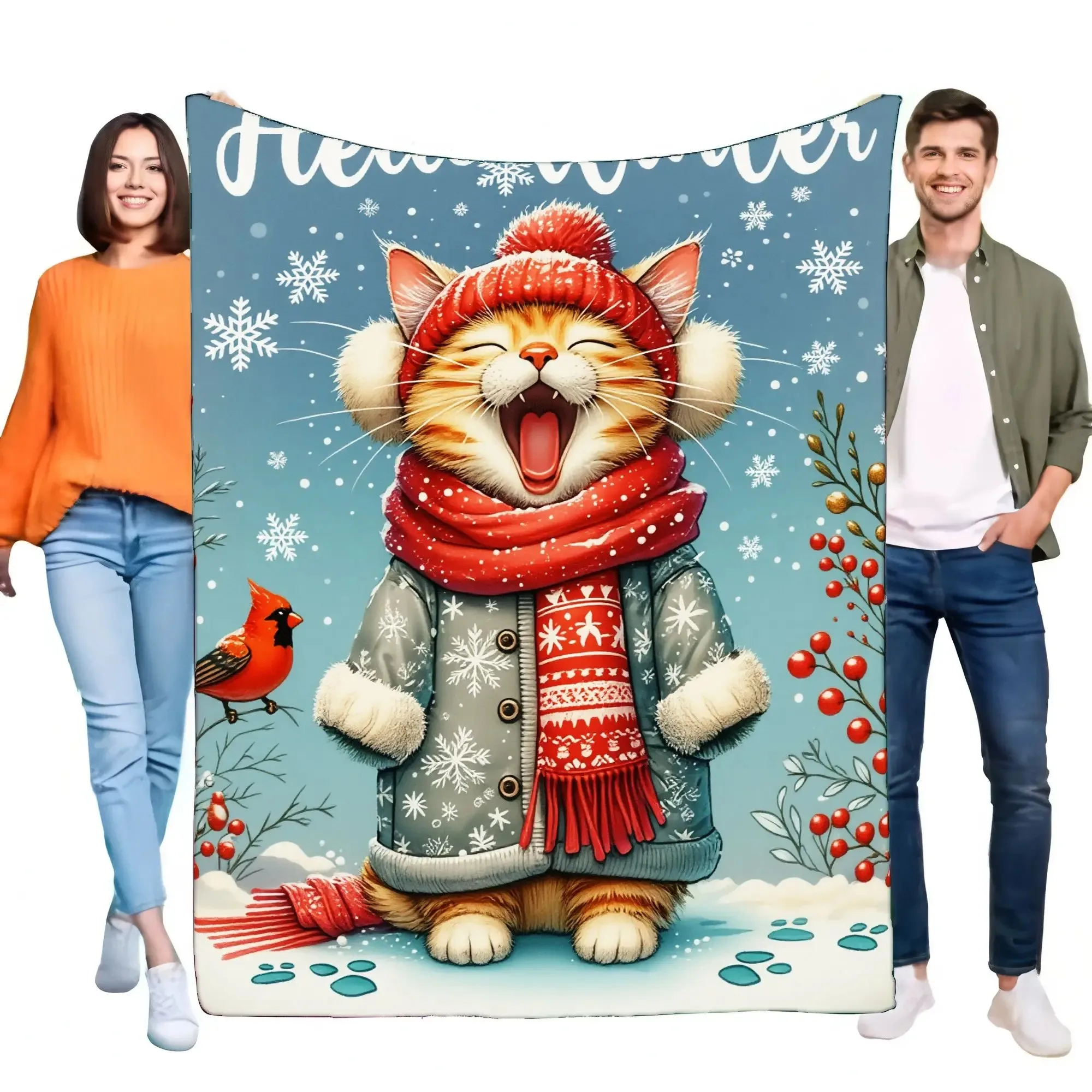 Cobertor de gato aconchegante, tema de inverno fofo, lance macio de pelúcia para sofá ou cama, presente leve e quente para amantes de gatos, perfeito para decoração de casa