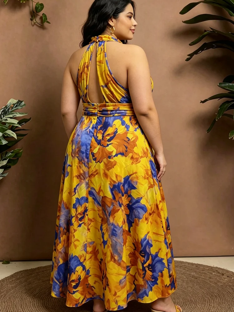 Plus-Size Damenkleid mit Print, schulterfrei, ärmellos, mit plissierter Taille und Schlitz, langes Kleid für Sommer-Strandpartys – Detail 6