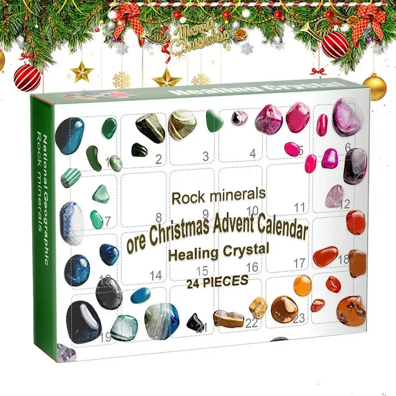 Stone Advent Calendar 24-Grid Natural Rock Mineral Crystal Collection Rock Minerals 24 Day Christmas Countdown Calendars For Kid